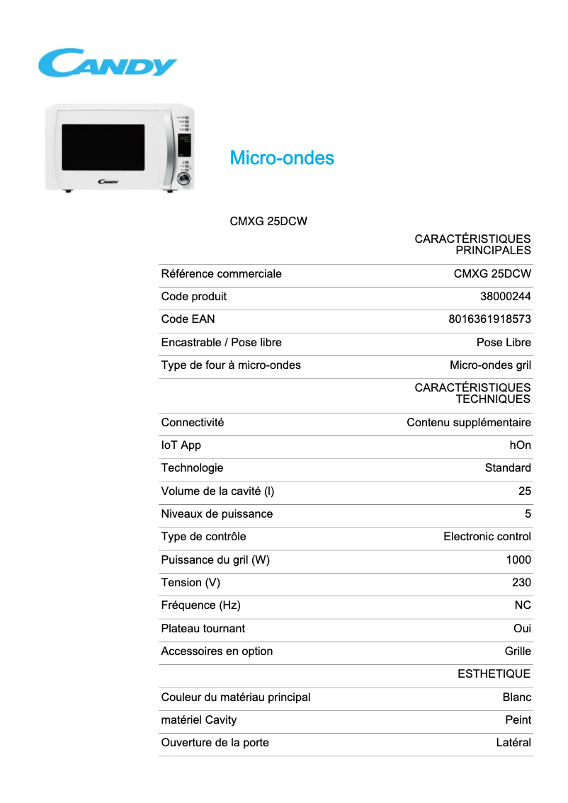 Página 1 del manual Ficha técnica Candy CMXG 25DCW