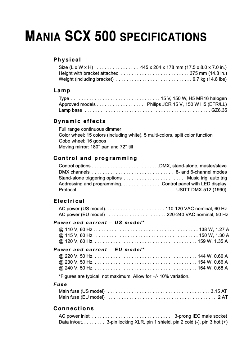 Página 1 del manual Ficha técnica Martin Mania SCX500