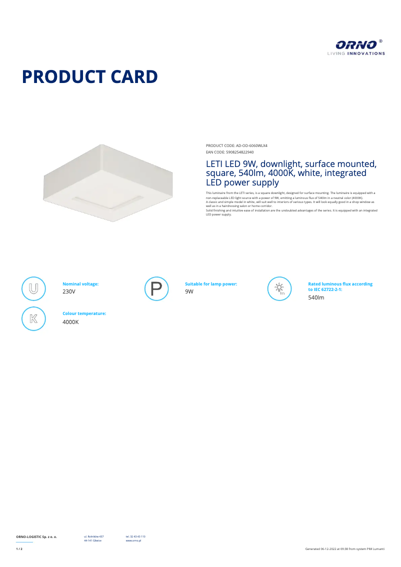 Página 1 del manual Ficha técnica Adviti AD-OD-6060WLX4