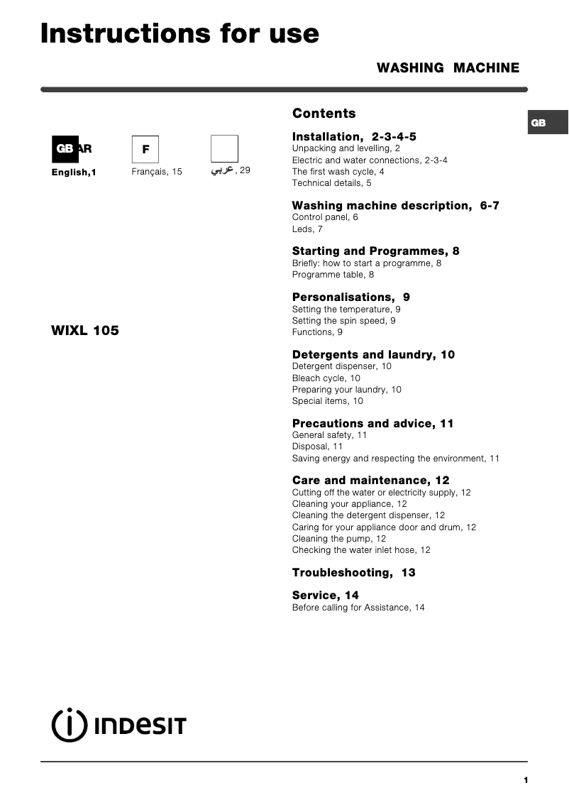 Página 1 del manual Manual de usuario Indesit WIXL 105 (KW) (V)