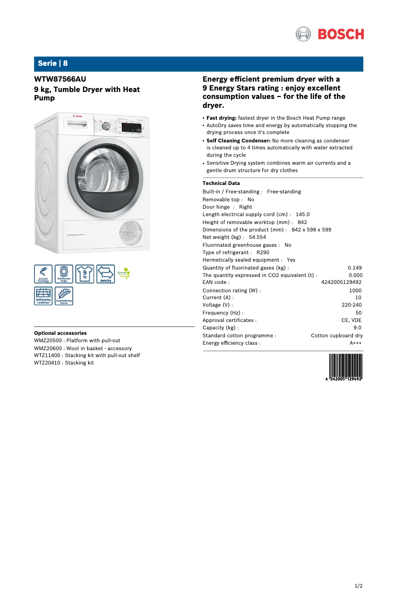 Página 1 del manual Ficha técnica Bosch WTW87566AU