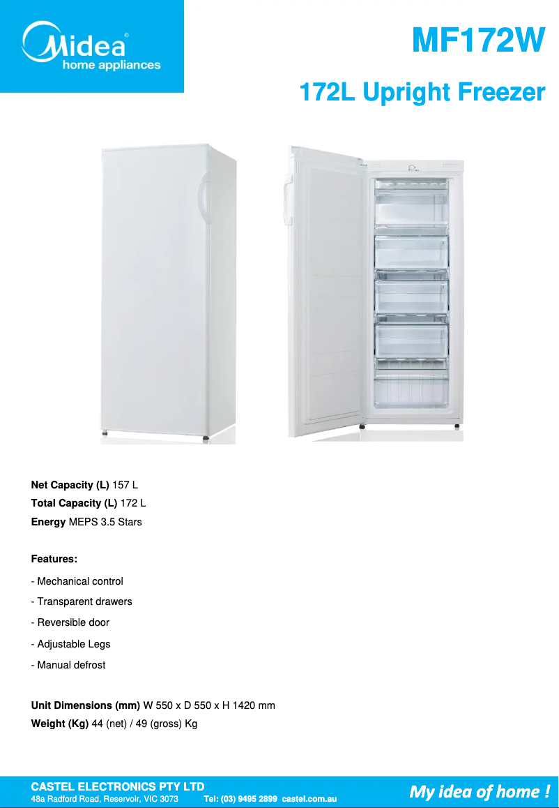 Página 1 del manual Ficha técnica Midea MF172W