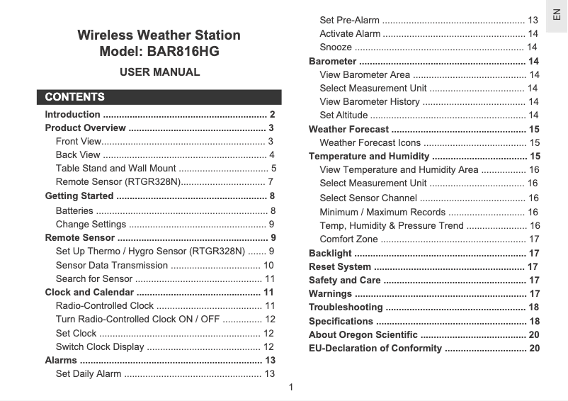 Página 1 del manual Manual de usuario Oregon Scientific BAR816HG