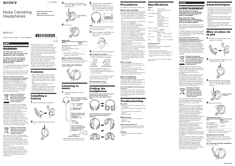 Página 1 del manual Manual de usuario Sony MDR-NC7