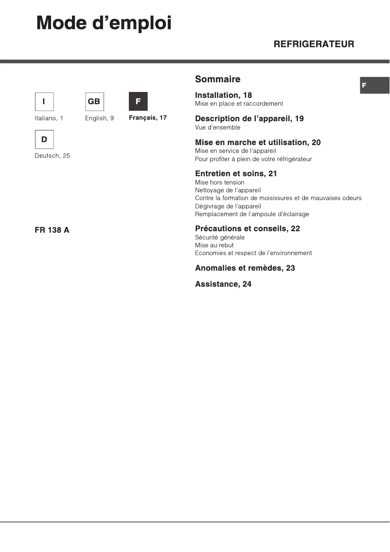 Página 1 del manual Manual de usuario Smeg FR138A