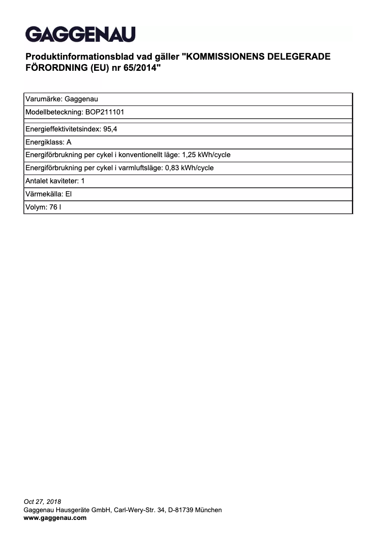 Página 1 del manual Ficha técnica Gaggenau BOP211101