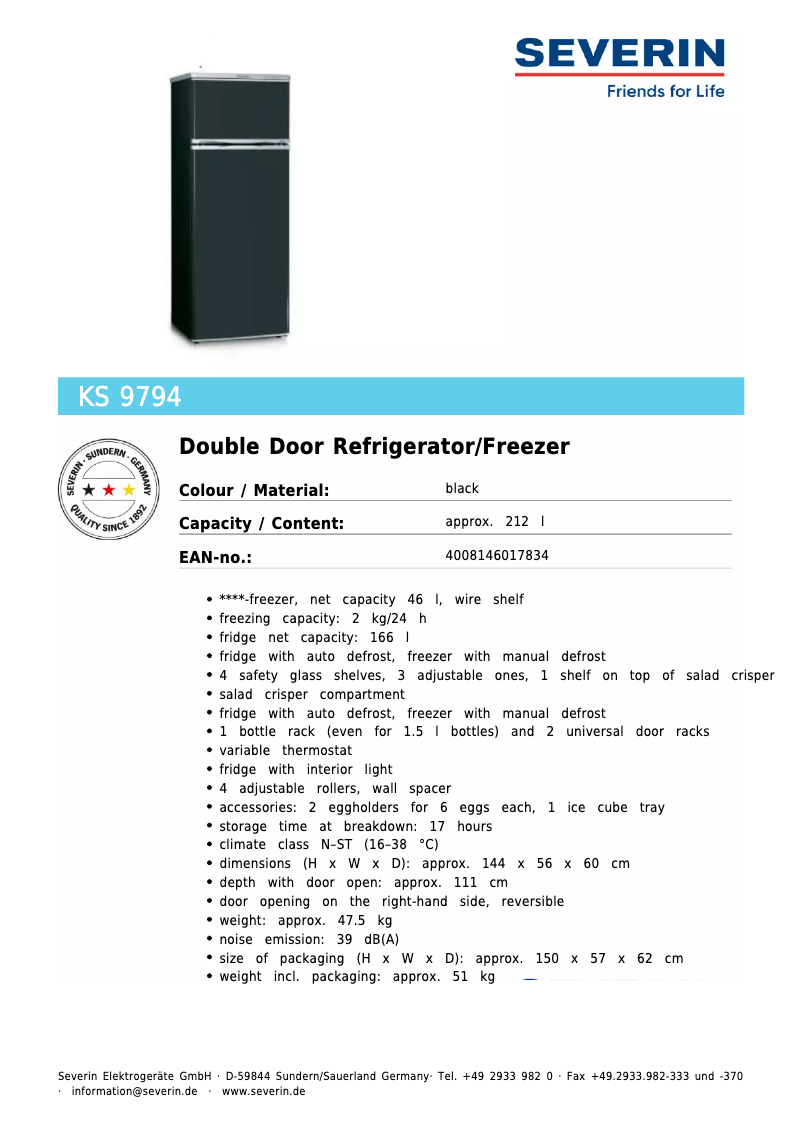 Página 1 del manual Ficha técnica Severin KS 9794