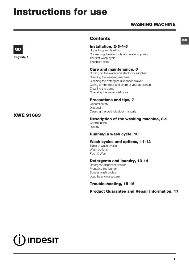 Página 1 del manual Manual de usuario Indesit XWE 91683X WWWG UK.C