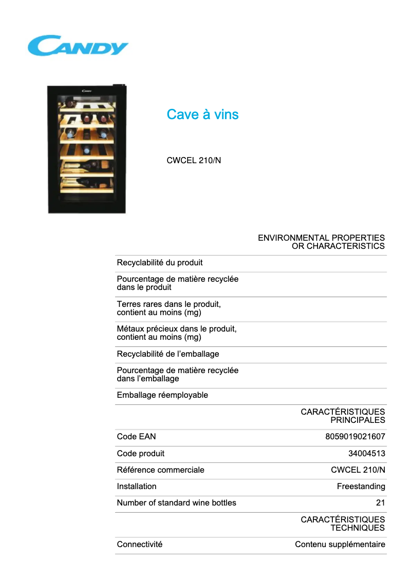 Página 1 del manual Ficha técnica Candy CWCEL 210