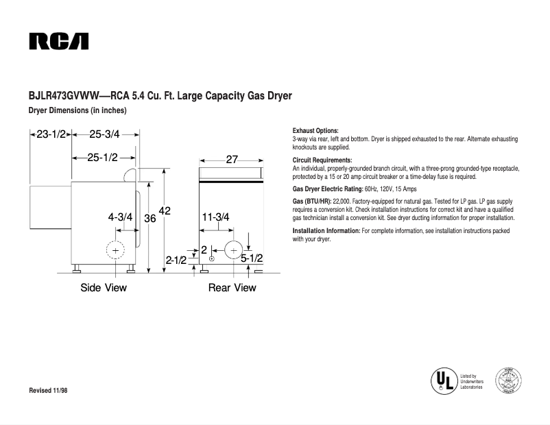 Página 1 del manual Ficha técnica RCA BJLR473GVWW