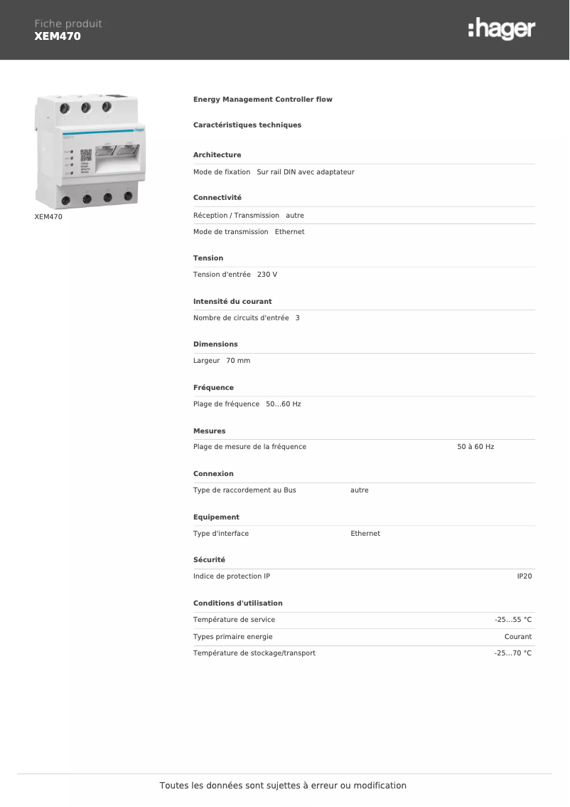 Página nº 1 - Ficha técnica Hager XEM470