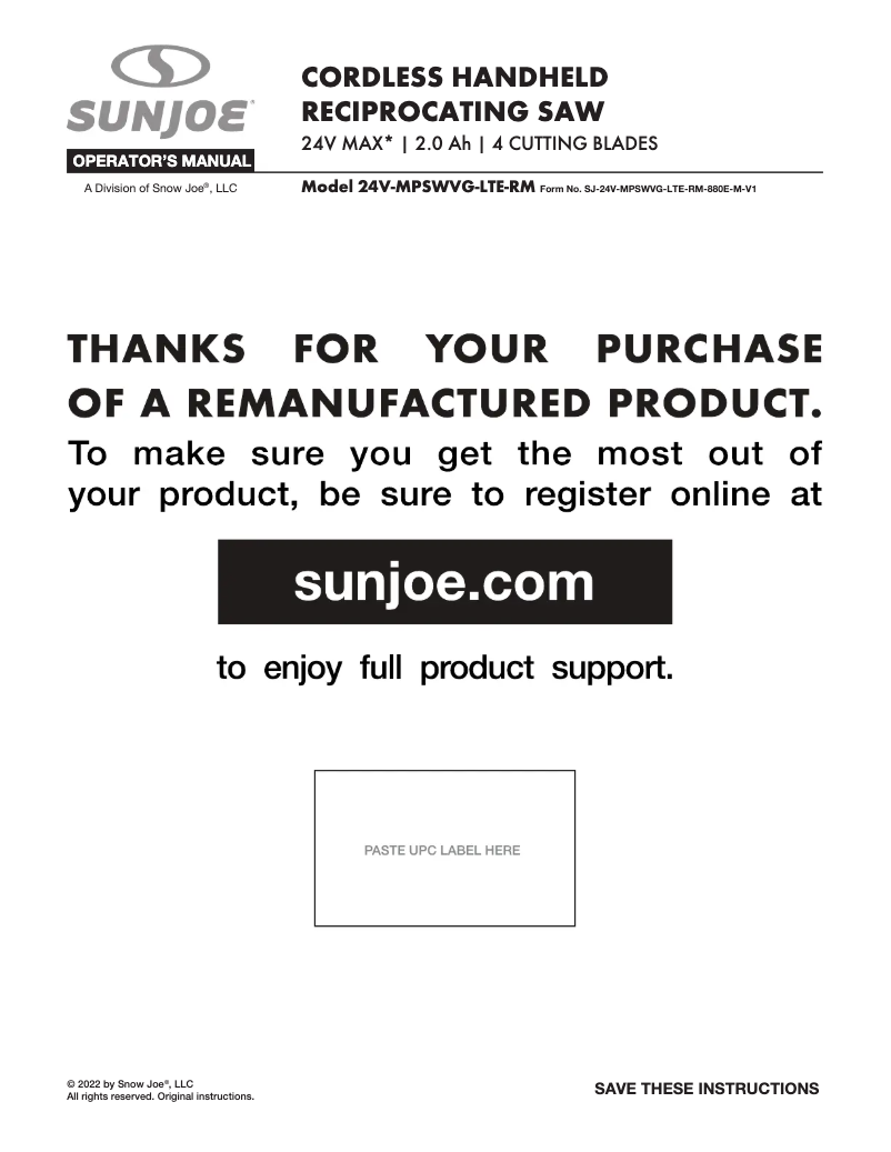 Página 1 del manual Manual de usuario Sun Joe 24V-MPSWVG-LTE-SJG-RM