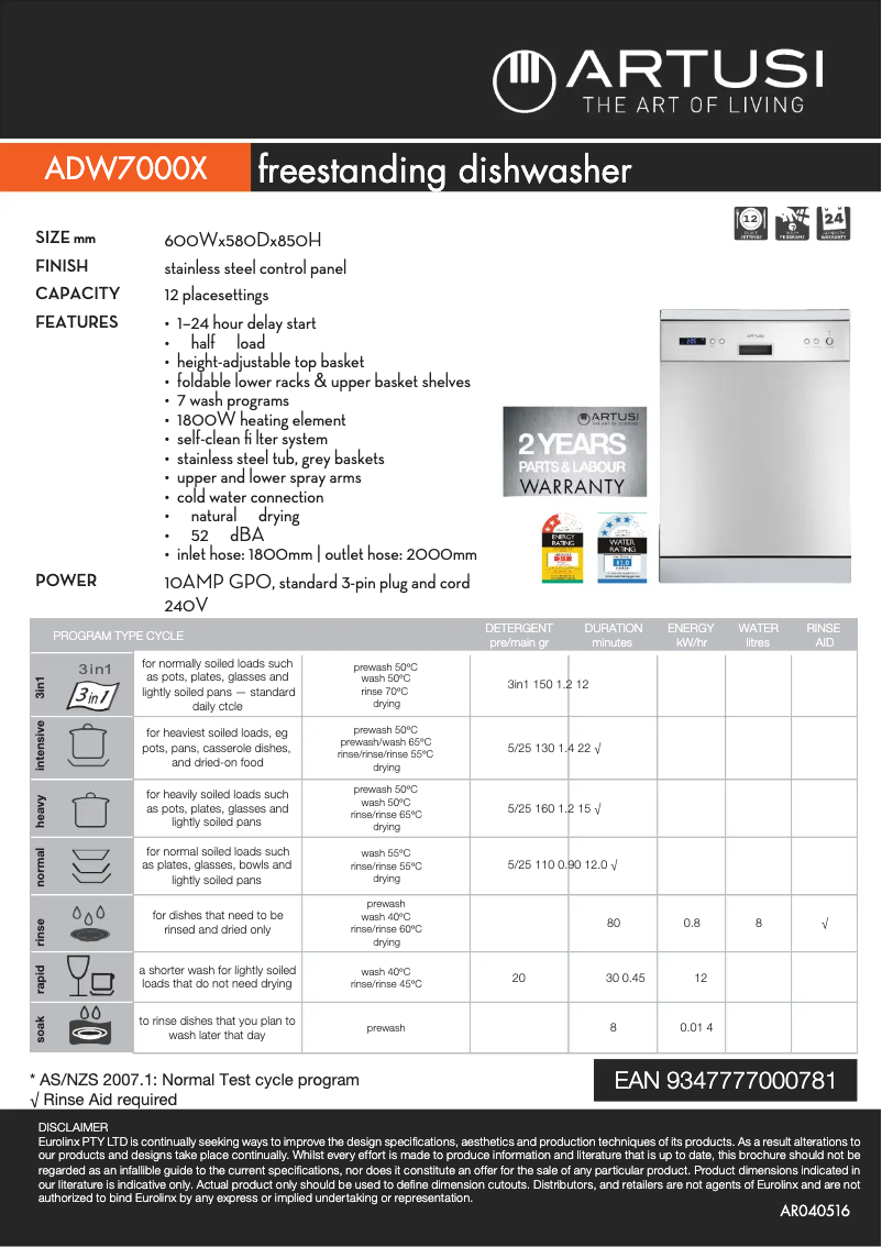 Página 1 del manual Ficha técnica Artusi ADW7000X