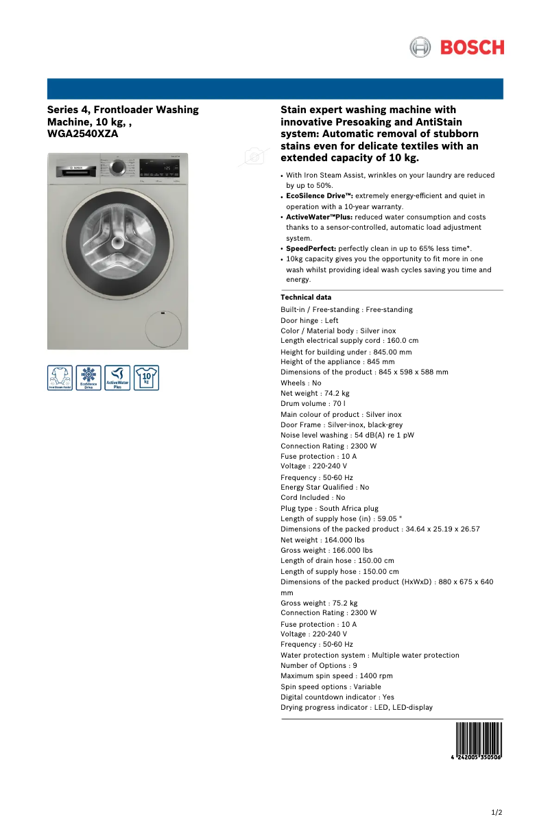 Página 1 del manual Ficha técnica Bosch WGA2540XZA