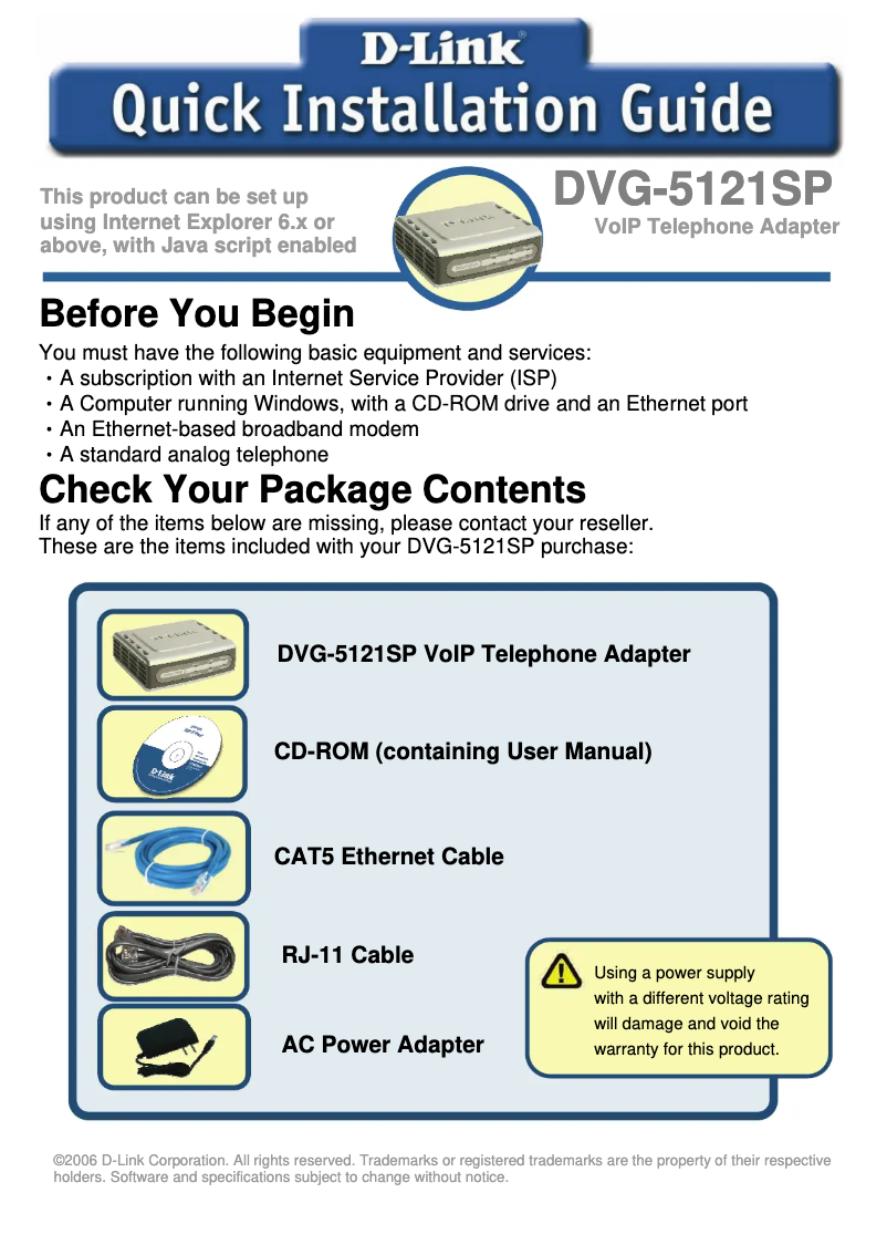 Página 1 del manual Guía de instalación D-Link DVG-5121SP