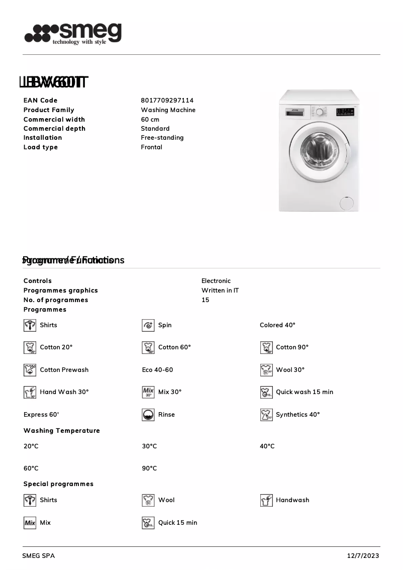 Página 1 del manual Ficha técnica Smeg LBW60IT