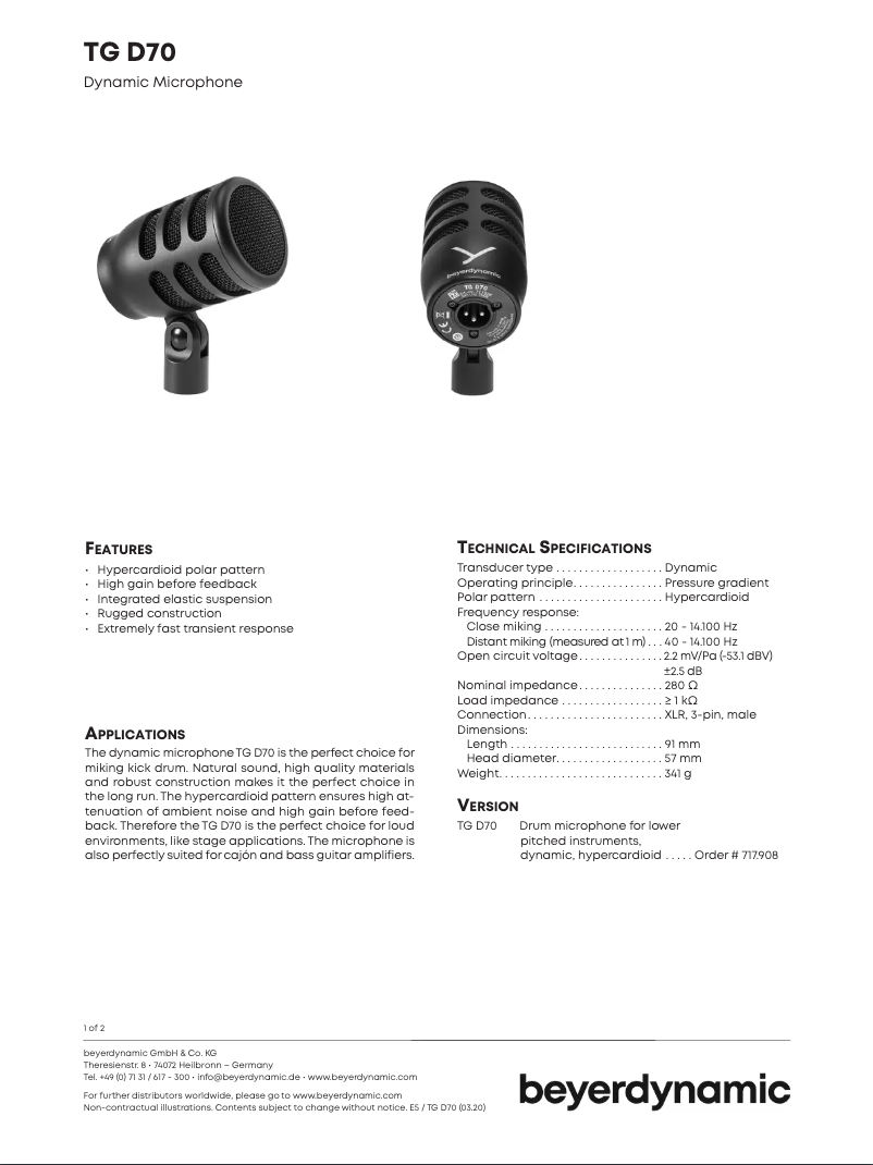Página 1 del manual Ficha técnica Beyerdynamic TG D70