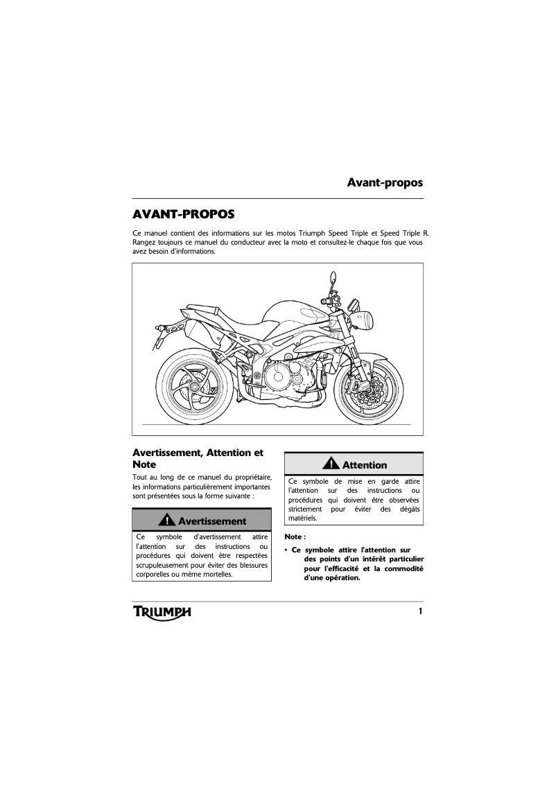 Página nº 1 - Manual de usuario Triumph Speed Triple R (2012)