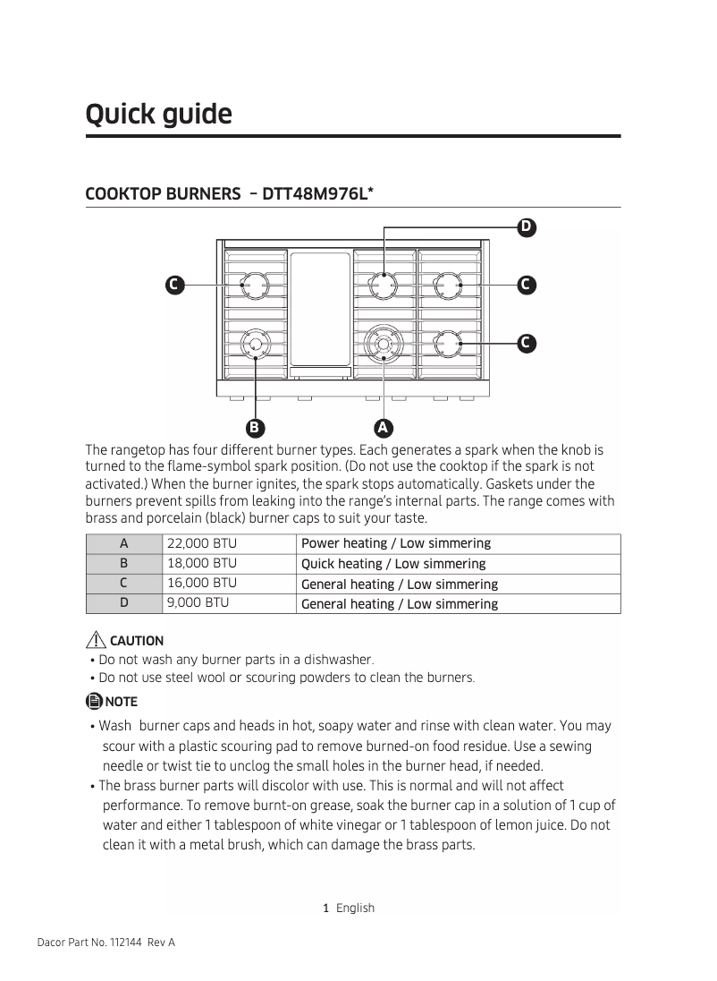 Página 1 del manual Ficha técnica Dacor Modernist DTT48M976PS