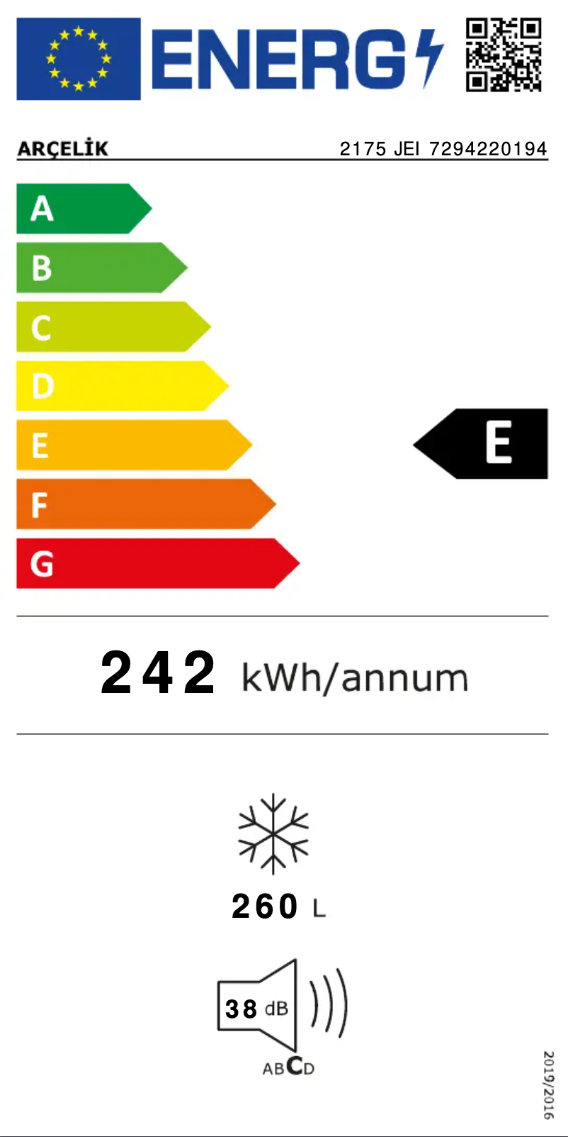 Página 1 del manual Etiqueta energética Arçelik 2175 JEI