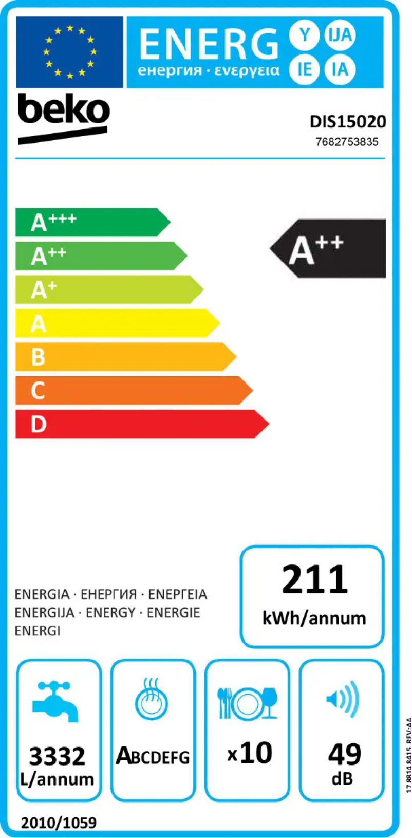 Página 1 del manual Etiqueta energética Beko DIS15020