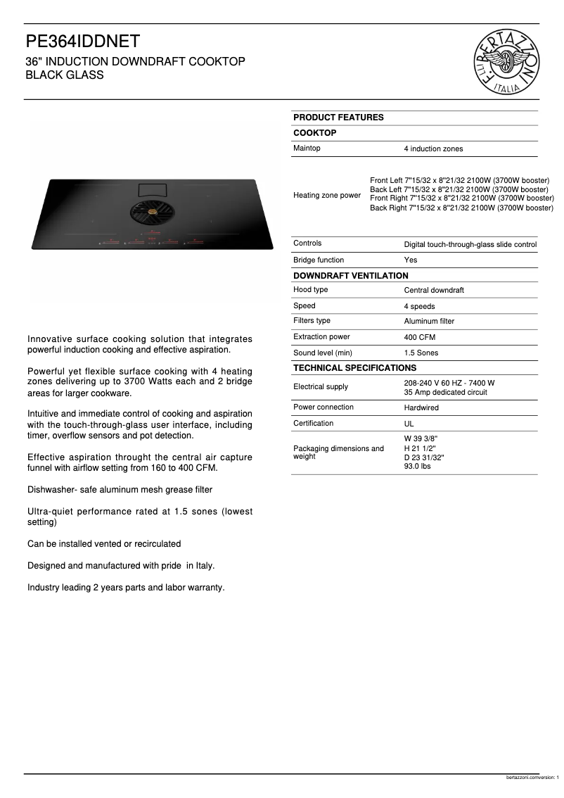 Página 1 del manual Ficha técnica Bertazzoni PE364IDDNET