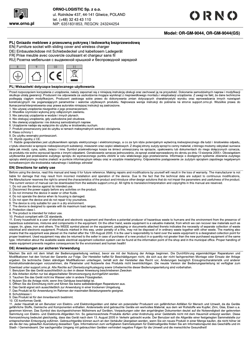 Imagen de la primera página del manual del dispositivo OR-GM-9044