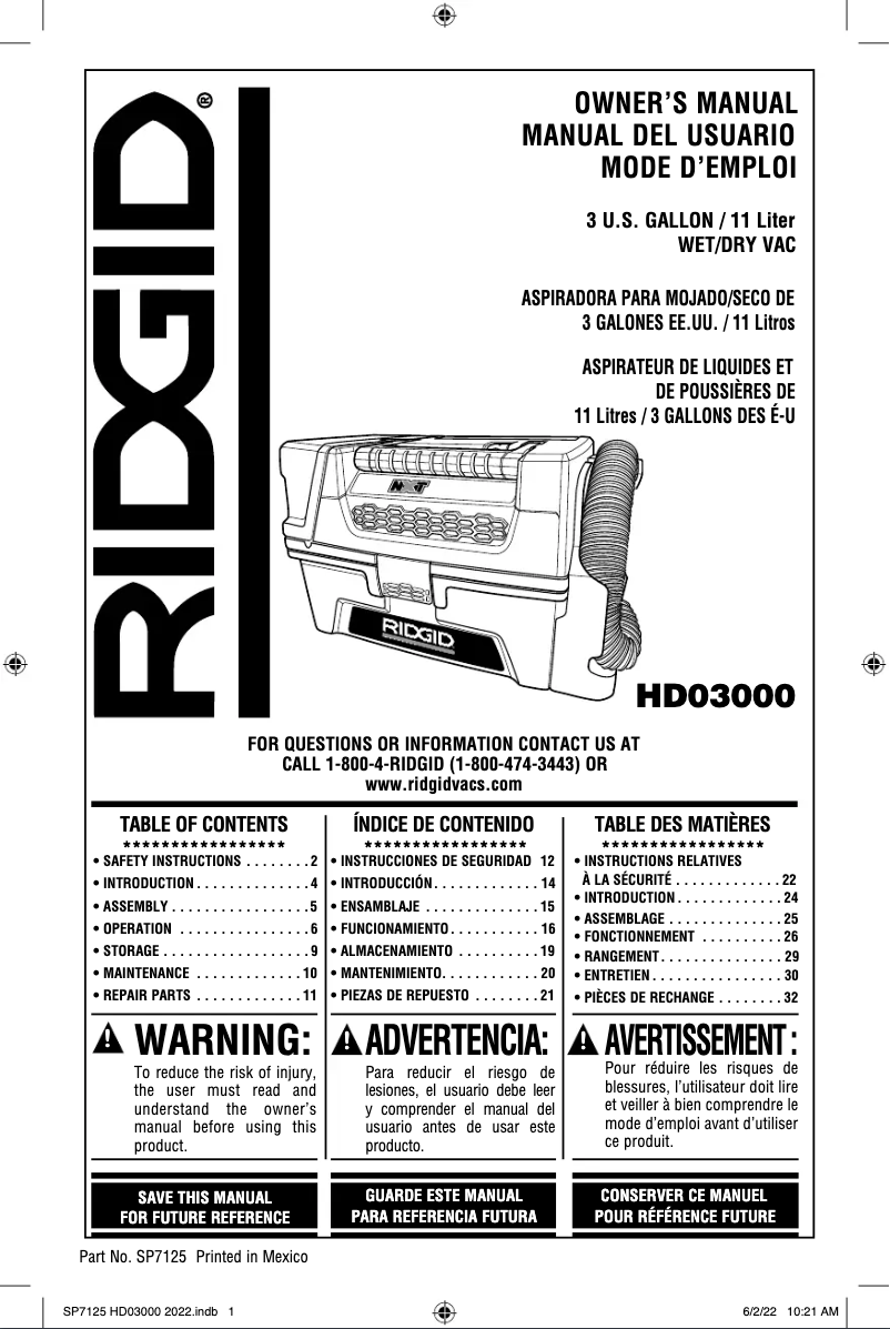 Página nº 1 - Manual de usuario Ridgid HD0300