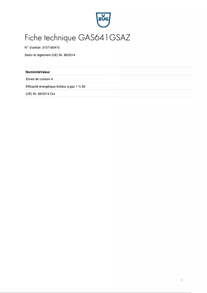 Página 1 del manual Ficha técnica V-Zug GAS641GSAZ