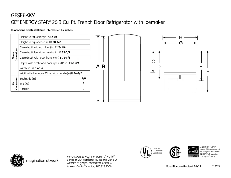 Página 1 del manual Ficha técnica GE GFSF6KKYBB