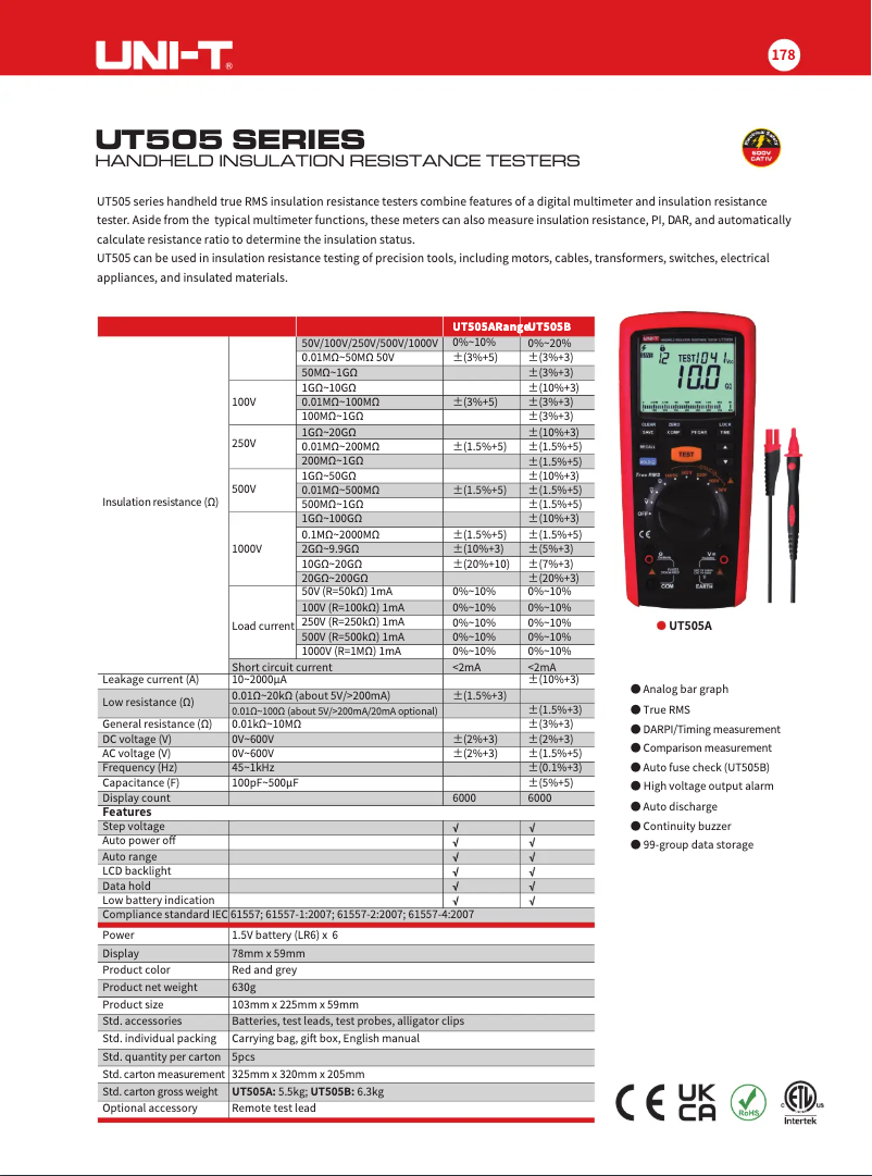 Página 1 del manual Ficha técnica Uni-T UT505B