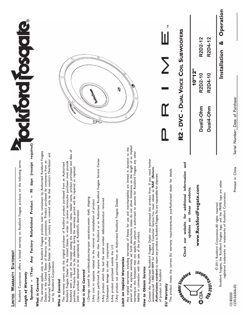 Página nº 1 - Manual de usuario Rockford Fosgate Prime R2D4-10