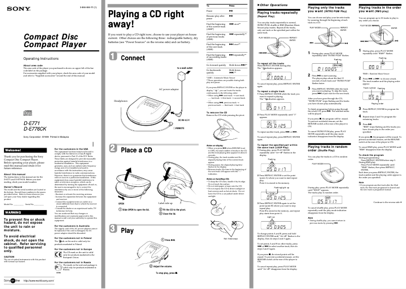 Imagen de la primera página del manual del dispositivo Discman D-E771