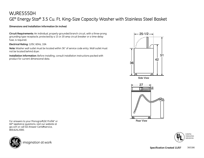 Página 1 del manual Ficha técnica GE WJRE5550HWW