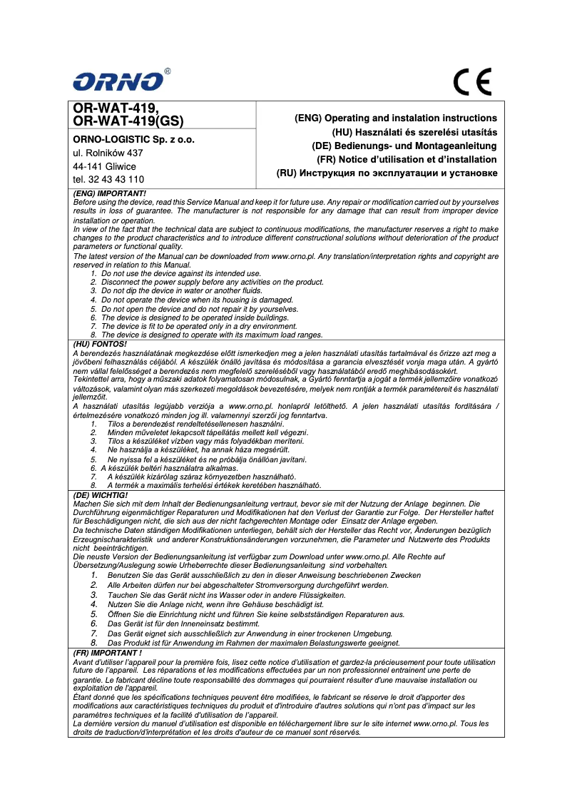 Imagen de la primera página del manual del dispositivo OR-WAT-419