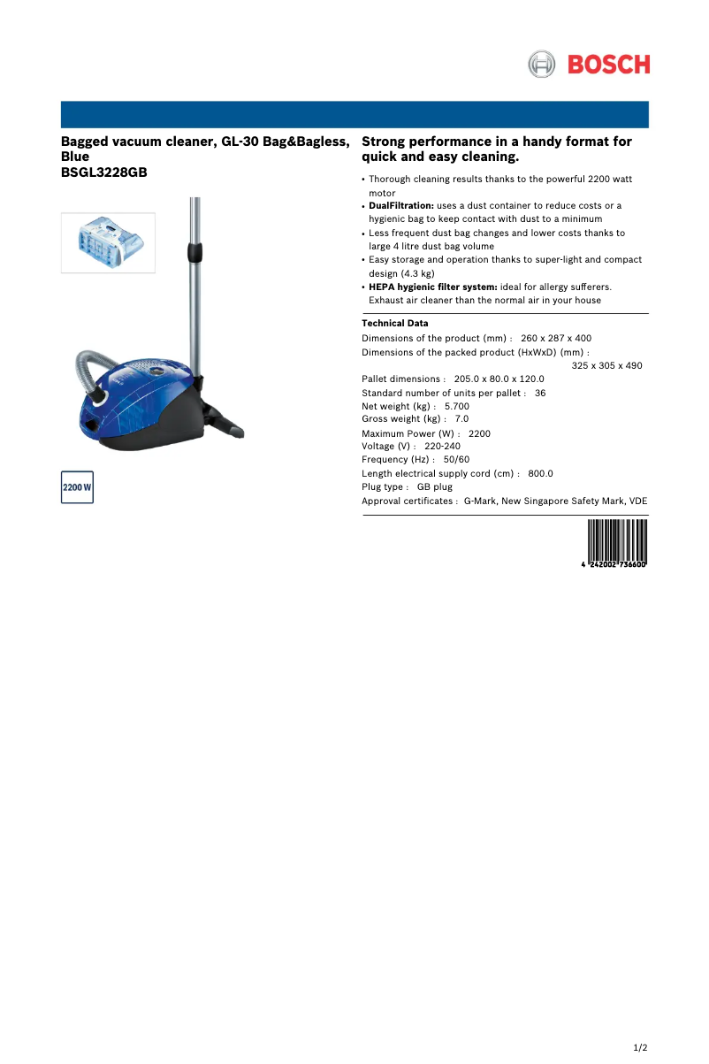 Página 1 del manual Ficha técnica Bosch BSGL3228GB