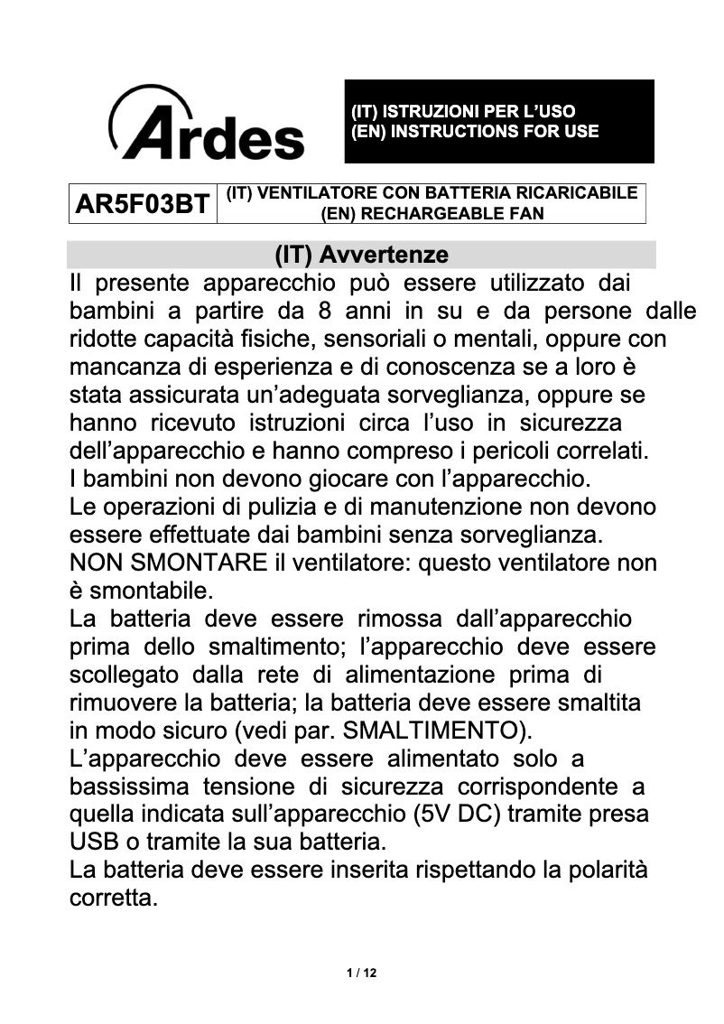 Imagen de la primera página del manual del dispositivo AR5F03BT