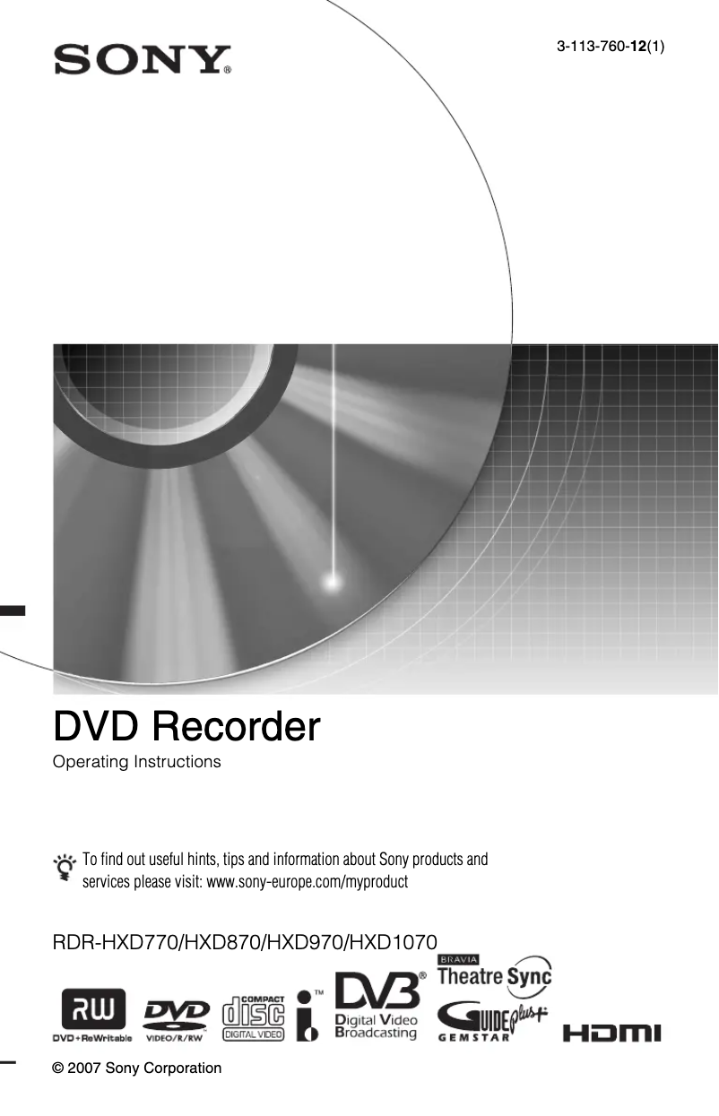 Imagen de la primera página del manual del dispositivo RDR-HXD770