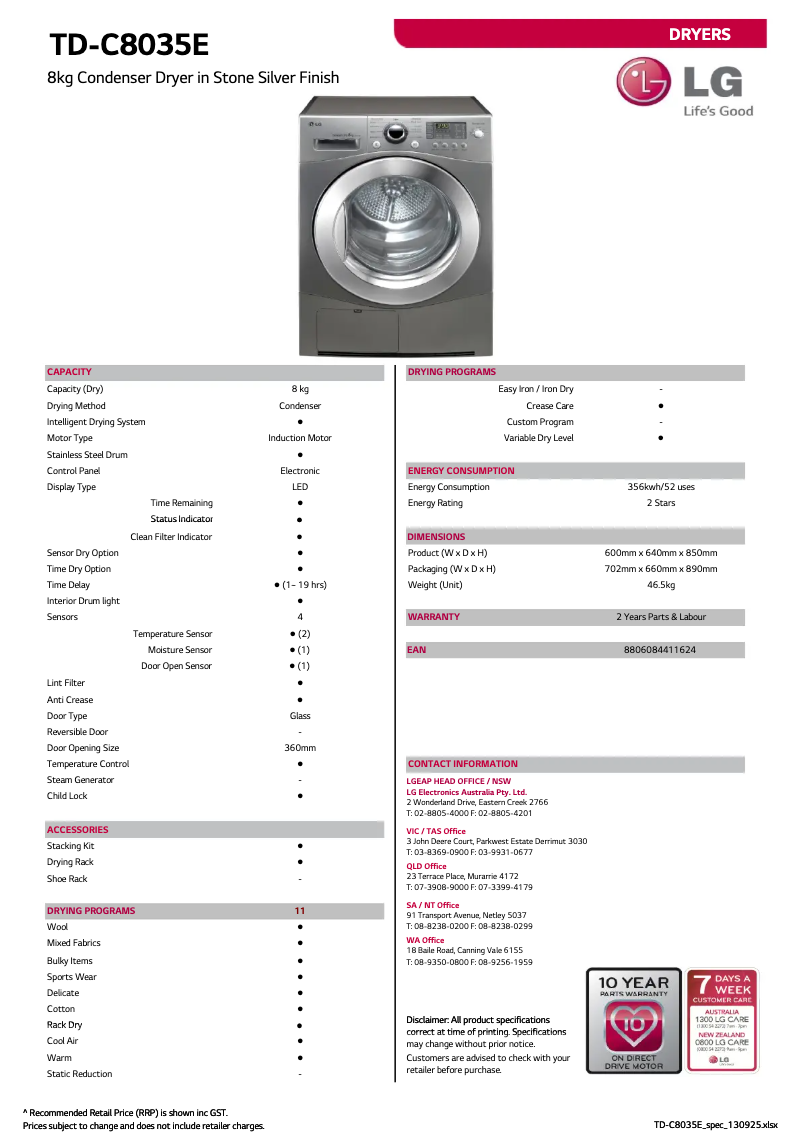 Página 1 del manual Ficha técnica LG TD-C8035E