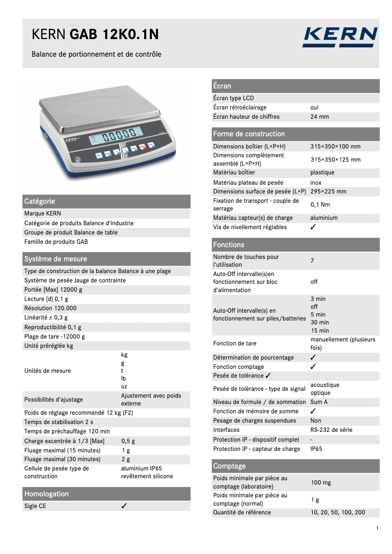Página 1 del manual Ficha técnica Kern GAB 12K0.1N
