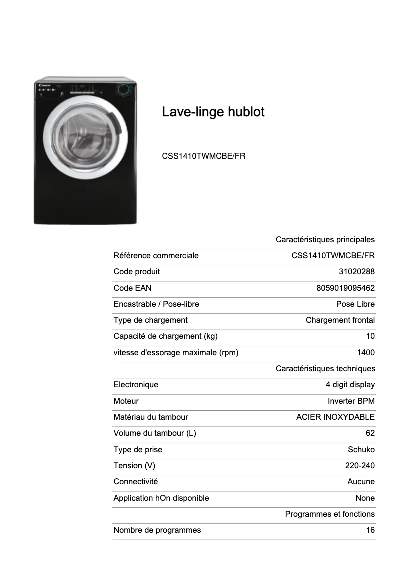 Página 1 del manual Ficha técnica Candy CSS1410TWMCBE/FR