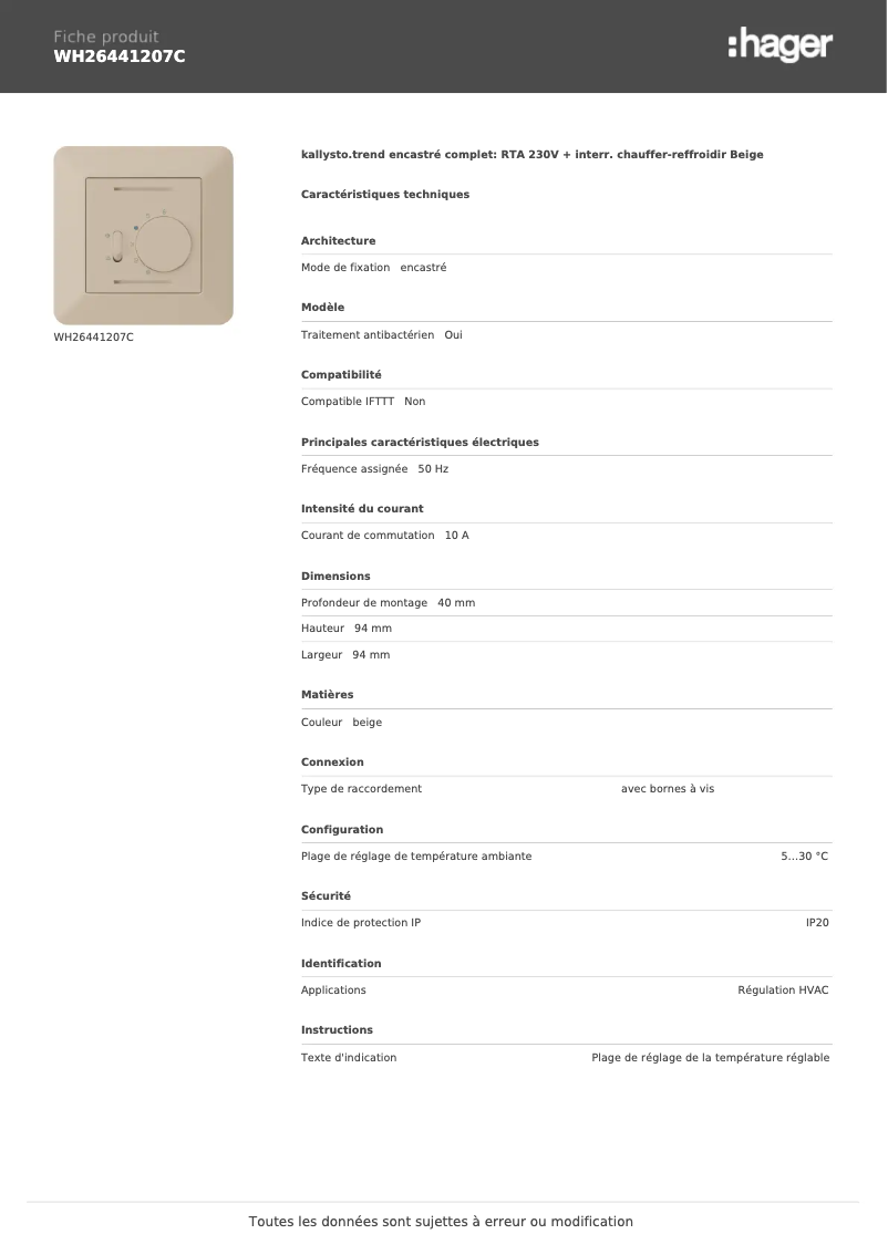 Página 1 del manual Ficha técnica Hager WH26441207C