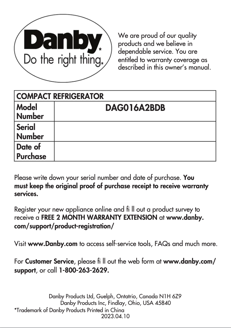 Página nº 1 - Manual de usuario Danby DAG016A2BDB