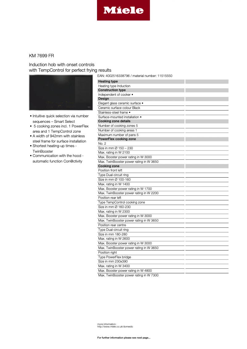 Página 1 del manual Ficha técnica Miele KM 7699 FR