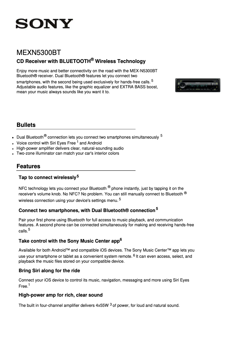 Página 1 del manual Ficha técnica Sony MEX-N5300BT