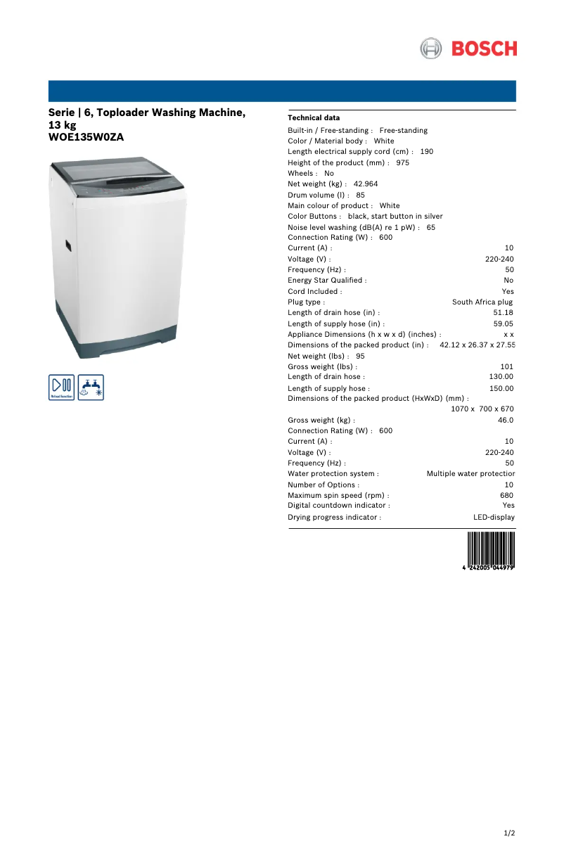 Página 1 del manual Ficha técnica Bosch WOE135W0ZA