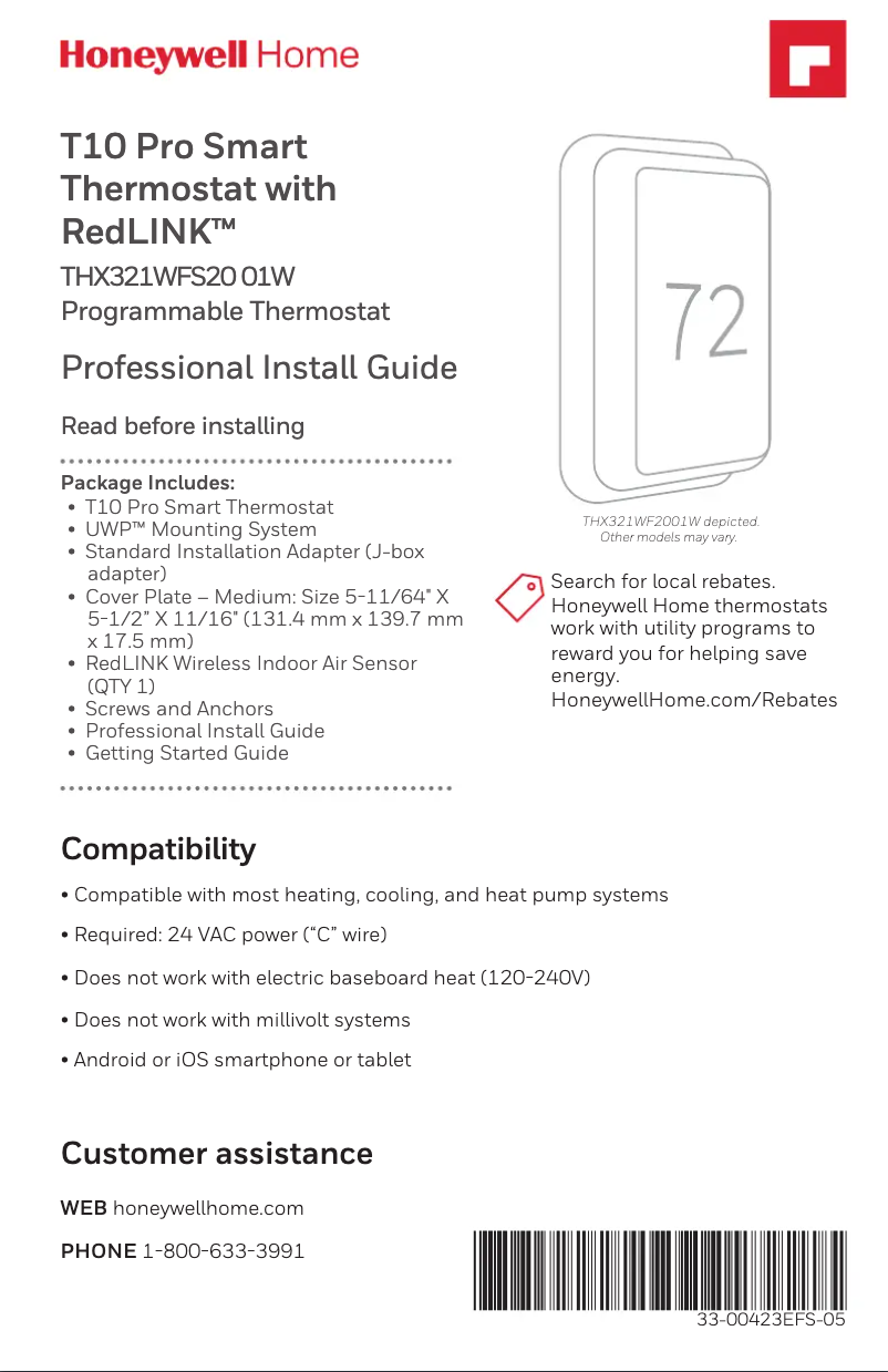 Página 1 del manual Guía de instalación Honeywell THX321WFS2001W/U