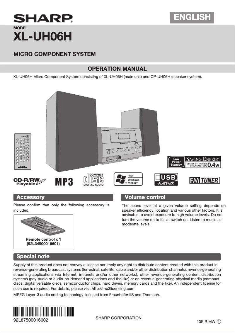 Imagen de la primera página del manual del dispositivo XL-UH06H