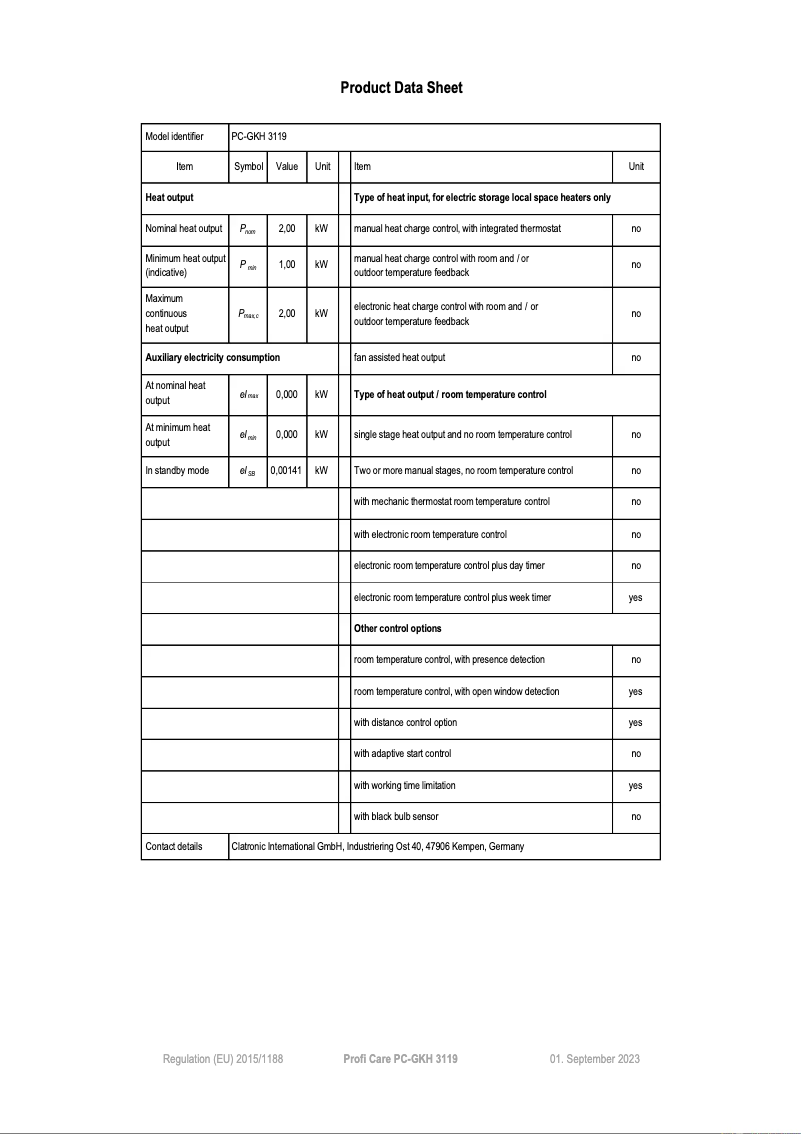 Página 1 del manual Ficha técnica ProfiCare PC-GKH 3119