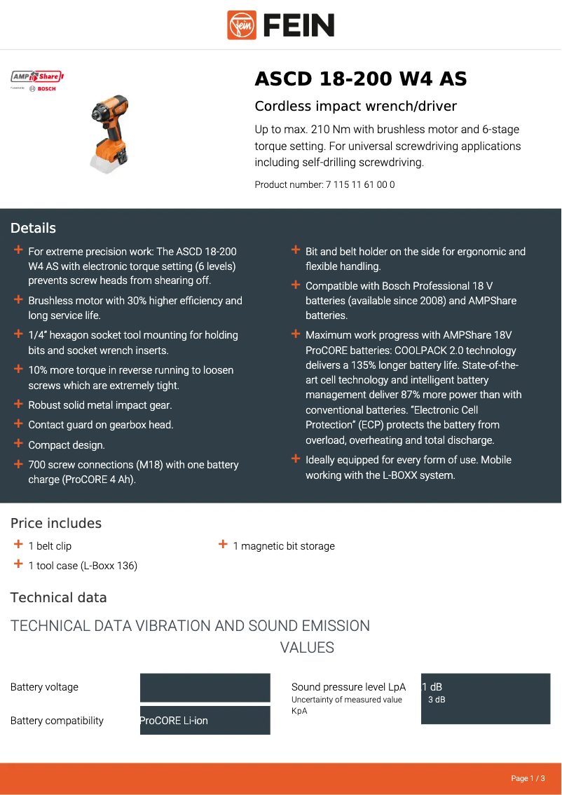 Página nº 1 - Ficha técnica Fein ASCD 18-200 W4